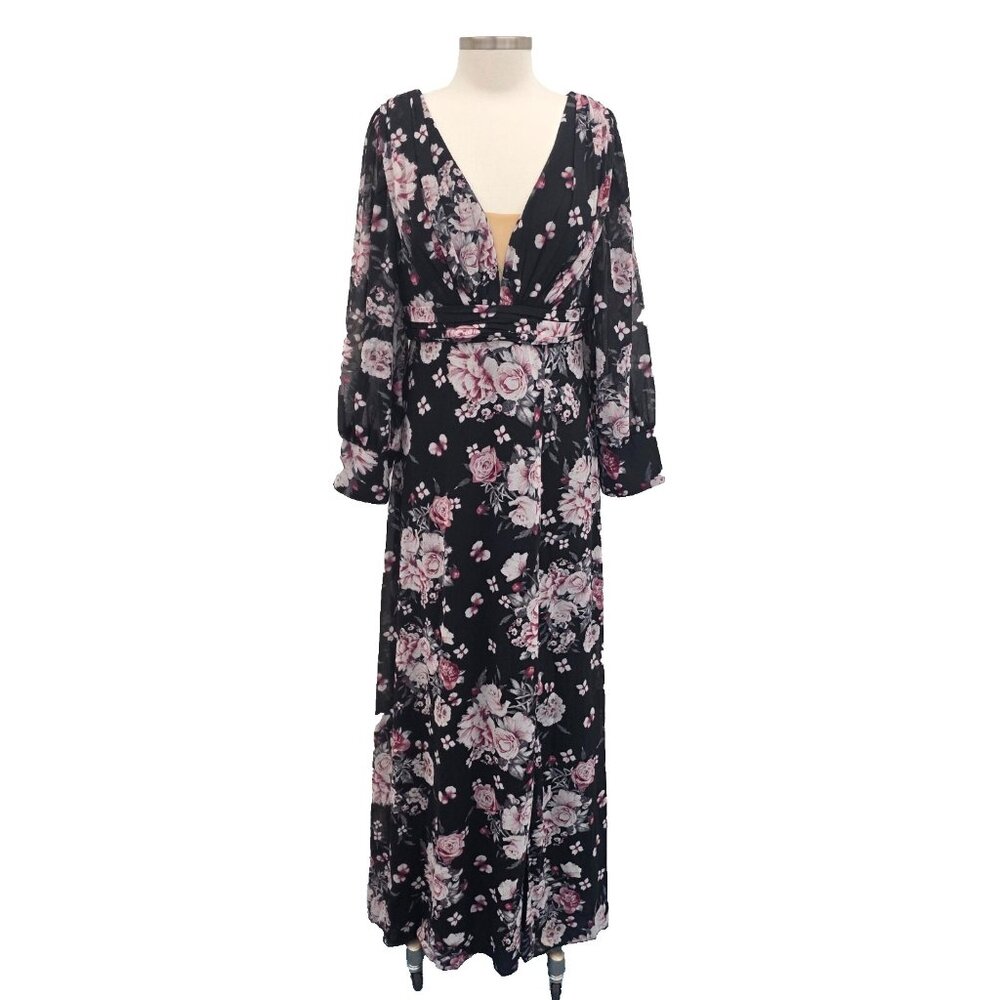 Black Floral Chiffon Maxi Dress Womens L V-Neck Lantern Sleeve Pleated‎ Fairy
